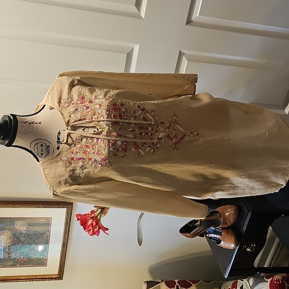 Chico Embroidered, Sequined Beige Tunic with Tie Neck, Size 8-10